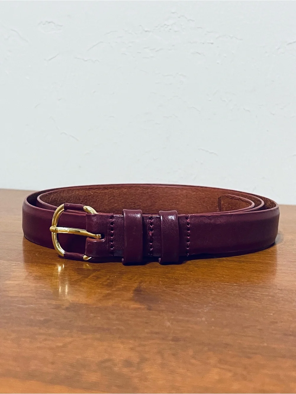 Lands' End Burgundy 100% Leather Dress Belt Gold Buckle Office Career Women L